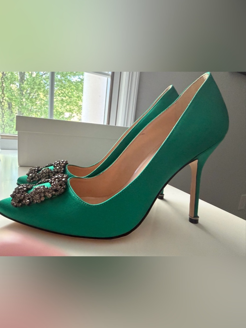 Manolo Blahnik Emerald Green Satin Hangisi Crystal Buckle Pumps - Picture 8 of 10